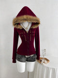 Front view of burgundy velvet gothic zip hoodie with faux-fur trim and gold studs