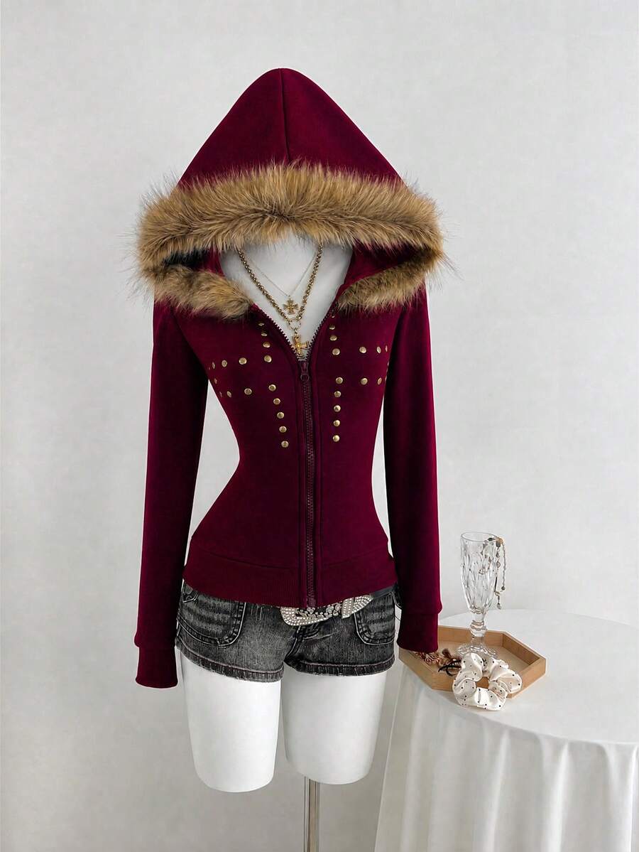 Front view of burgundy velvet gothic zip hoodie with faux-fur trim and gold studs