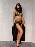 Full front view of Roman empress Halloween costume with paneled bra top, double belt, buckle, and black sheer skirt