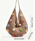 Dimension view of large coffee brown floral crochet shoulder bag
