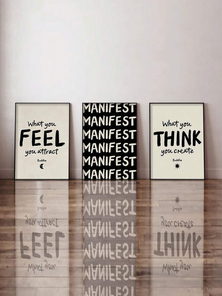 Three-piece neutral typography canvas wall art with Buddha motifs in a living room wall display
