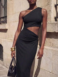  Asymmetrical Shoulder Dress with Metal Buckle for Weddings and Parties