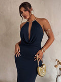 Close front view of navy evening dress with draped neckline and ruched waist