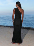 Back view of black one-shoulder ruched bodycon maxi dress for beach vacation styling