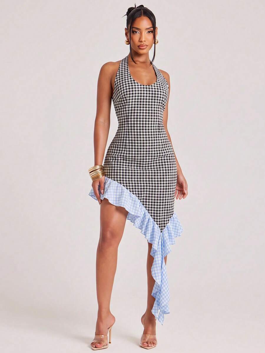 Front view of black and white gingham halter mini dress with scoop neck and asymmetrical ruffle hem