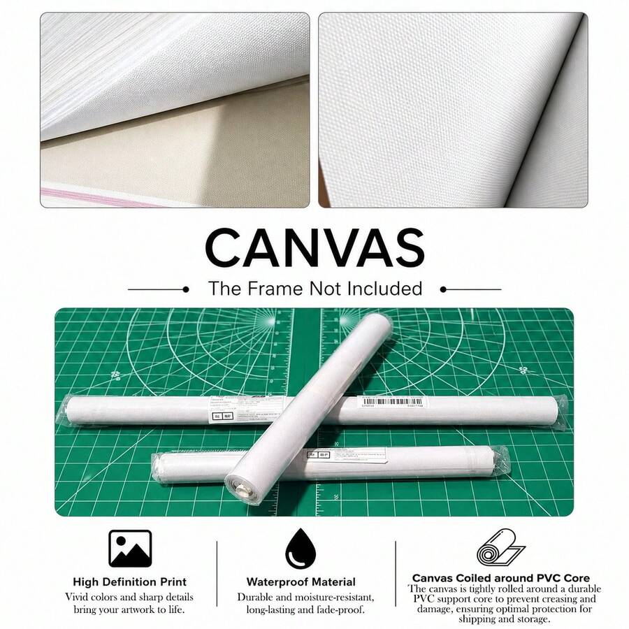 Canvas material graphic showing textured waterproof print and rolled canvas on PVC cores