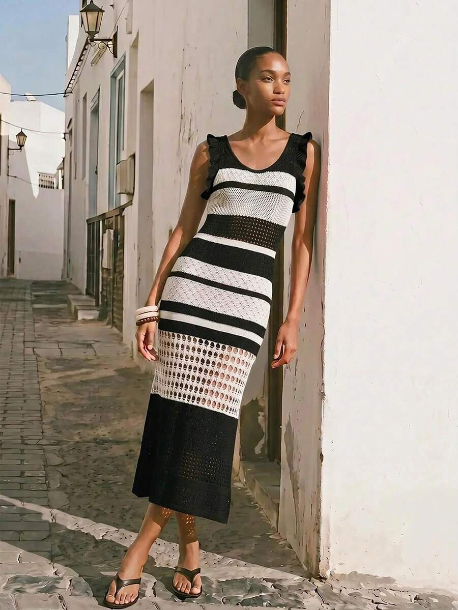 Women's Colorblock Ruffle V-Neck Sweater Dress - Perfect for Summer Beach Vacations 