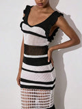 Women's Colorblock Ruffle V-Neck Sweater Dress - Perfect for Summer Beach Vacations 