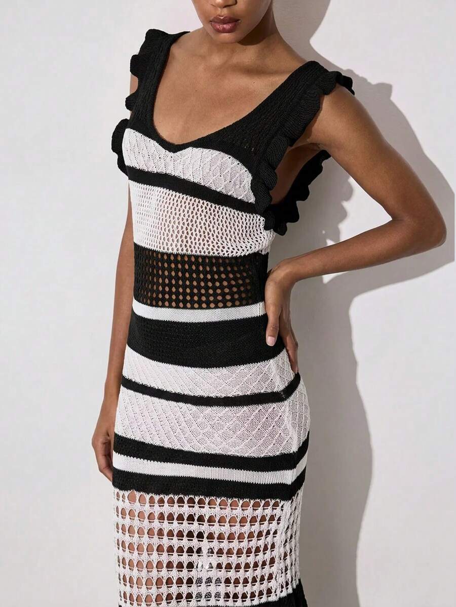 Women's Colorblock Ruffle V-Neck Sweater Dress - Perfect for Summer Beach Vacations 