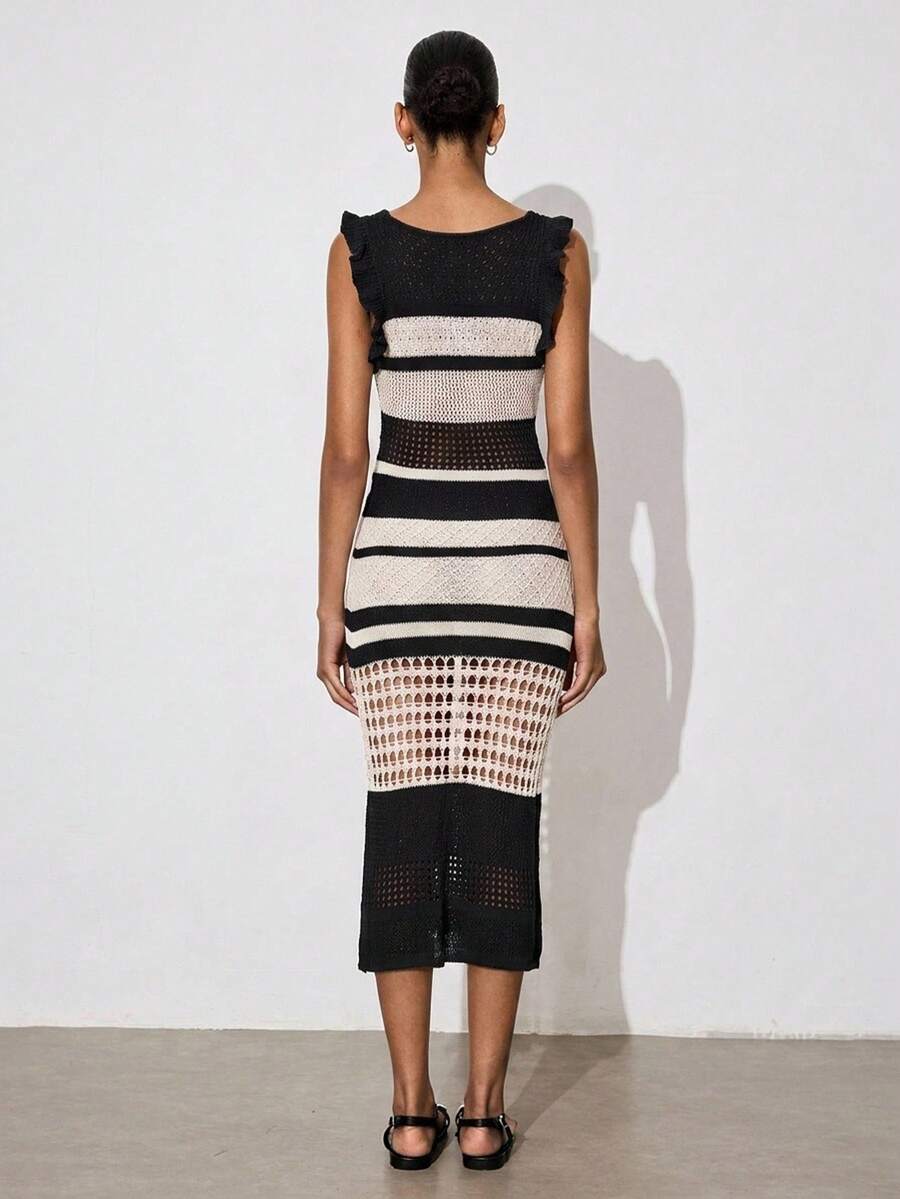 Women's Colorblock Ruffle V-Neck Sweater Dress - Perfect for Summer Beach Vacations 