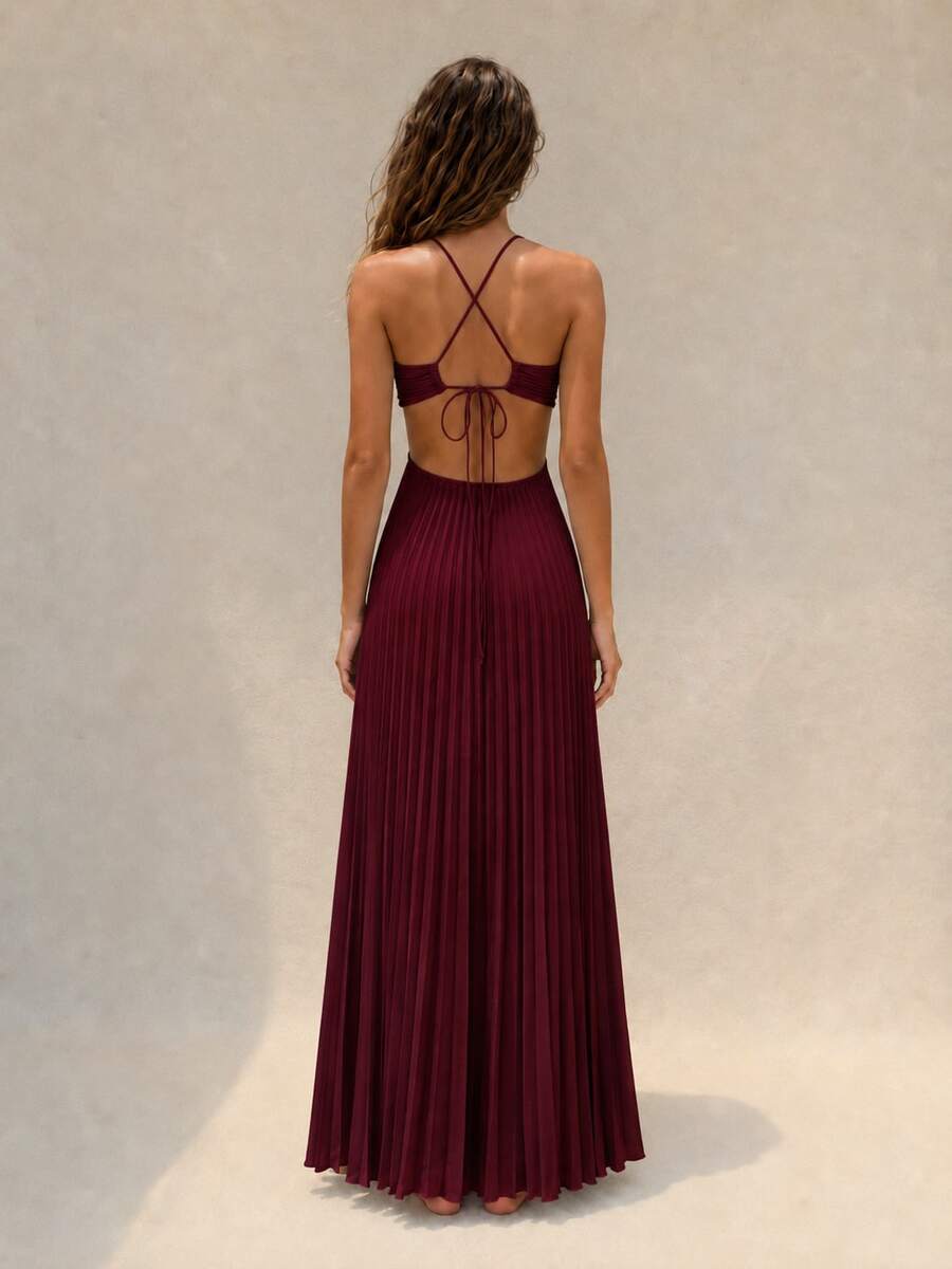 Turquoise pleated open-back maxi dress with crossed straps, rear view
