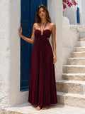 Burgundy pleated open-back maxi dress with tie closure, rear view