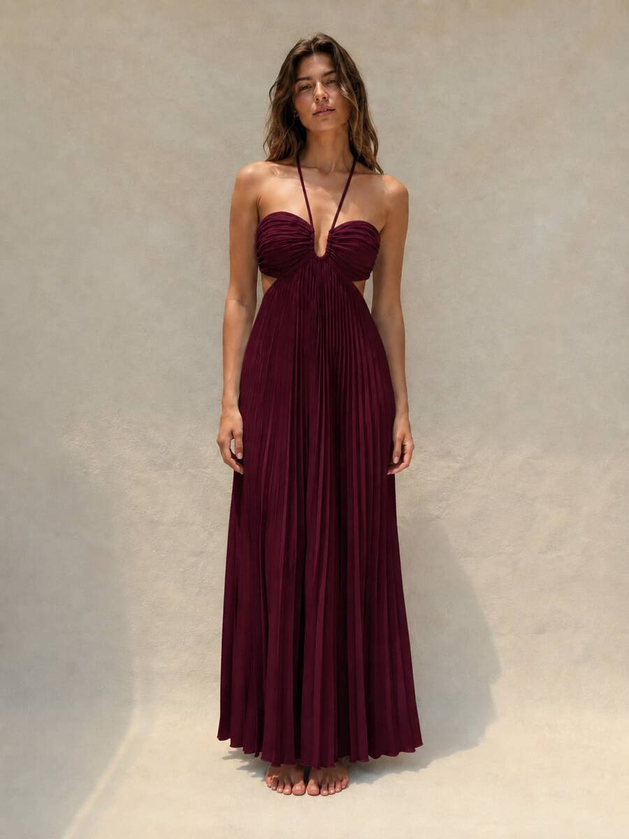 Turquoise pleated halter maxi dress with ruched bust, front view