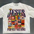 White Jesus For All Nations flag graphic T-shirt front flat lay