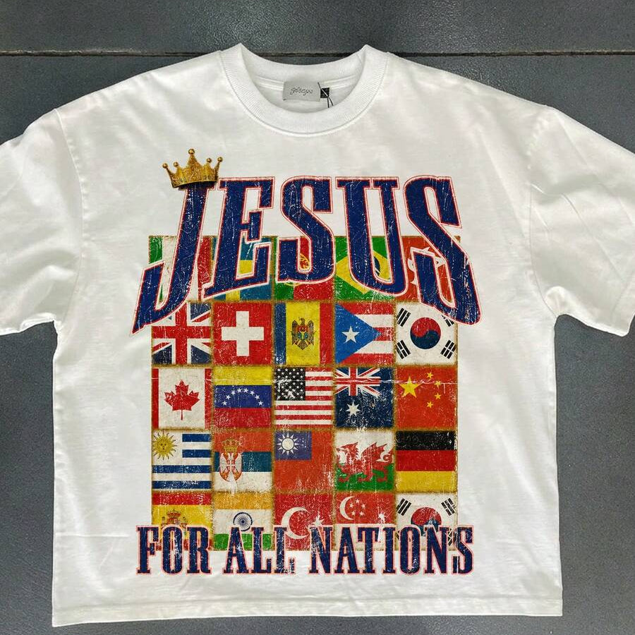 White Jesus For All Nations flag graphic T-shirt front flat lay