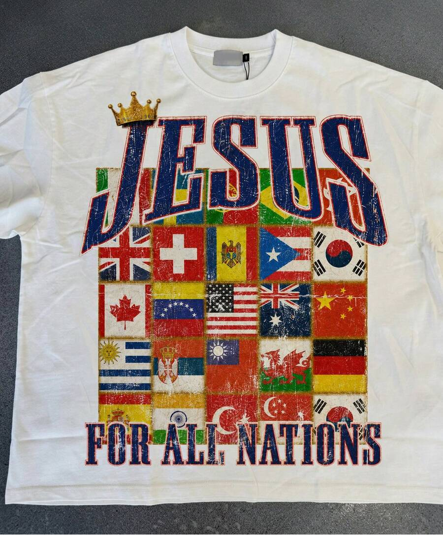Close view of Jesus For All Nations flag graphic T-shirt