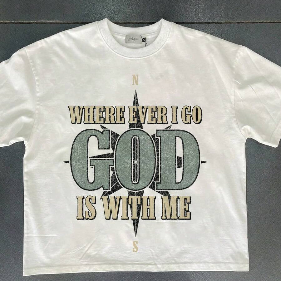 White God Is With Me compass graphic T-shirt front flat lay