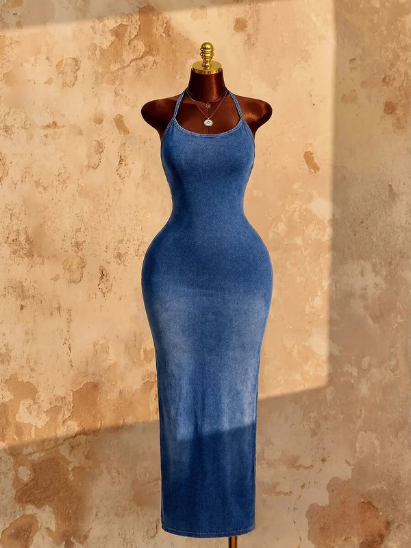 Women's denim dress designed for fall and winter styling