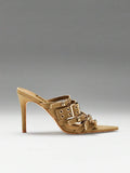 Khaki side view of pointed-toe buckle mule sandals with woven fabric upper, open toe, and high stiletto heel