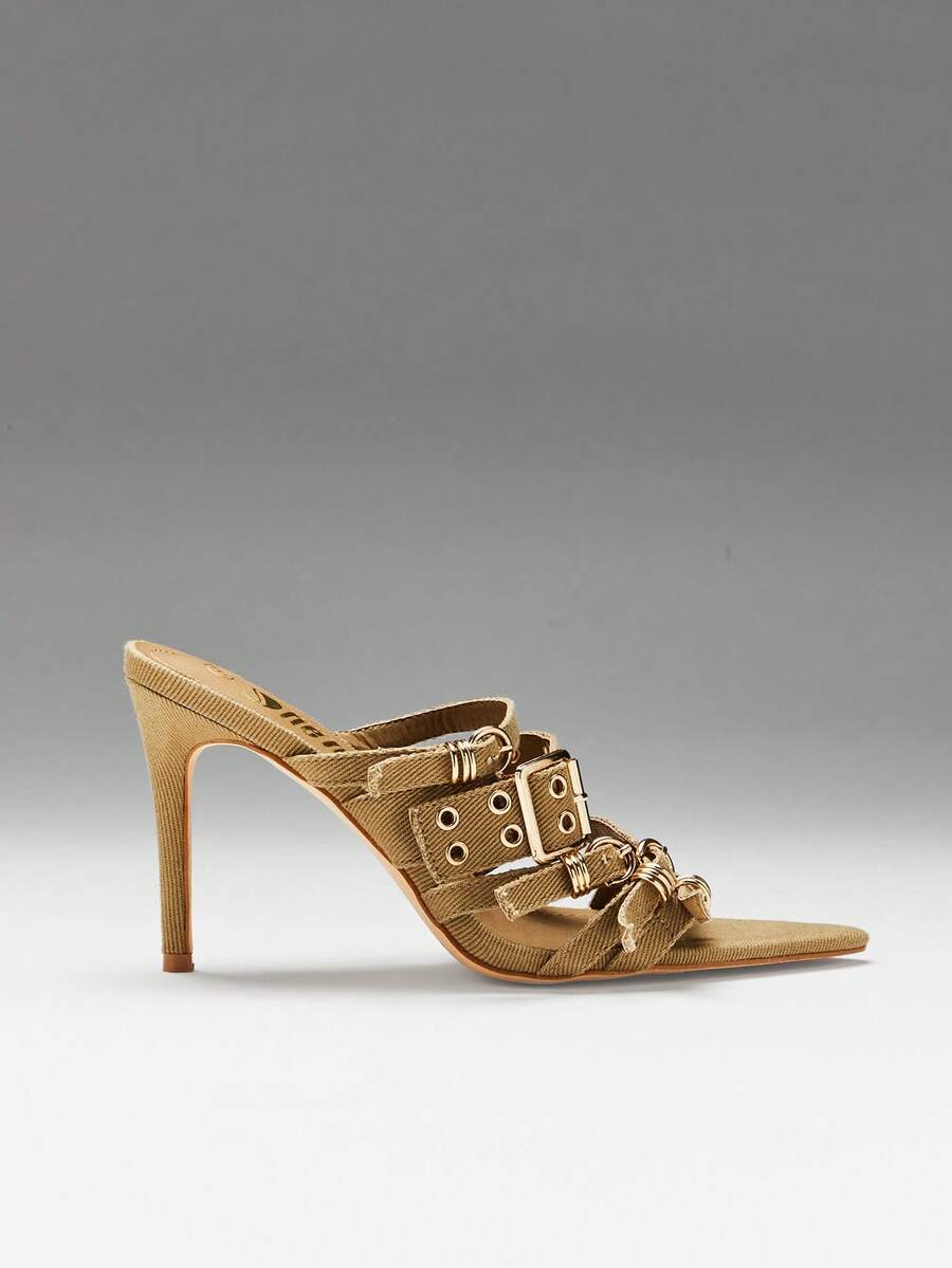 Khaki side view of pointed-toe buckle mule sandals with woven fabric upper, open toe, and high stiletto heel