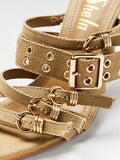 Khaki woven vamp close-up of pointed-toe buckle mule sandals with woven fabric upper, open toe, and high stiletto heel