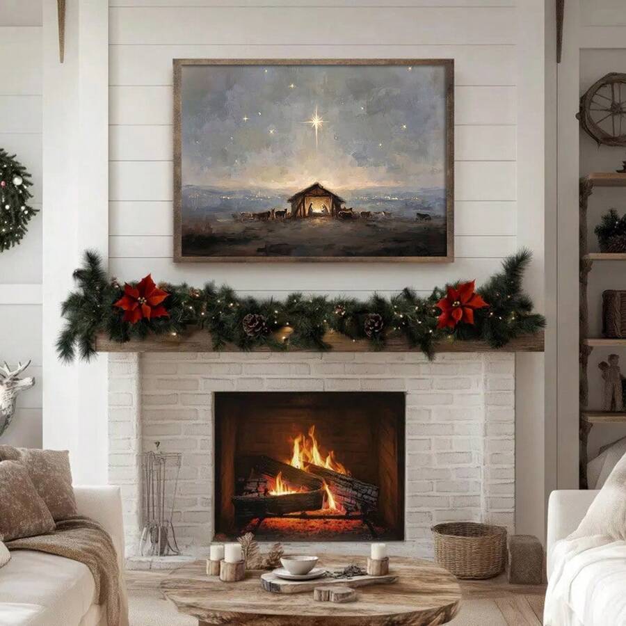 Vintage Starry Nativity Christmas Wall Art Print, Abstract Baby Jesus Canvas Poster 
