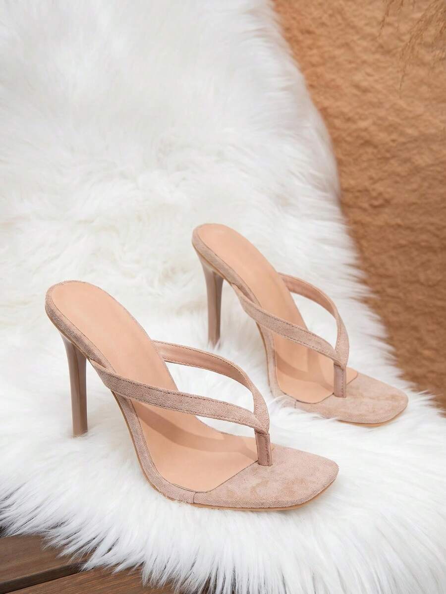 Product view of beige square toe thong stiletto mule sandals
