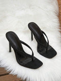 Product view of black square toe thong stiletto mule sandals