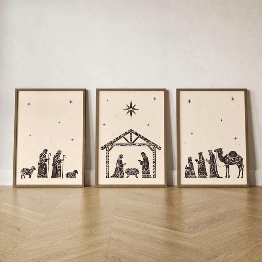 3 Piece Vintage Nativity Wall Art Set, Christian Christmas Canvas Prints