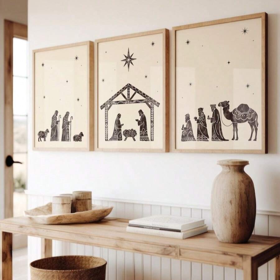 3 Piece Vintage Nativity Wall Art Set, Christian Christmas Canvas Prints