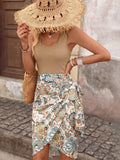 Front view of khaki scoop-neck bodice with cream paisley side-tie skirt