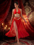 Front view of red halter belly dance costume with high-slit sheer maxi skirt