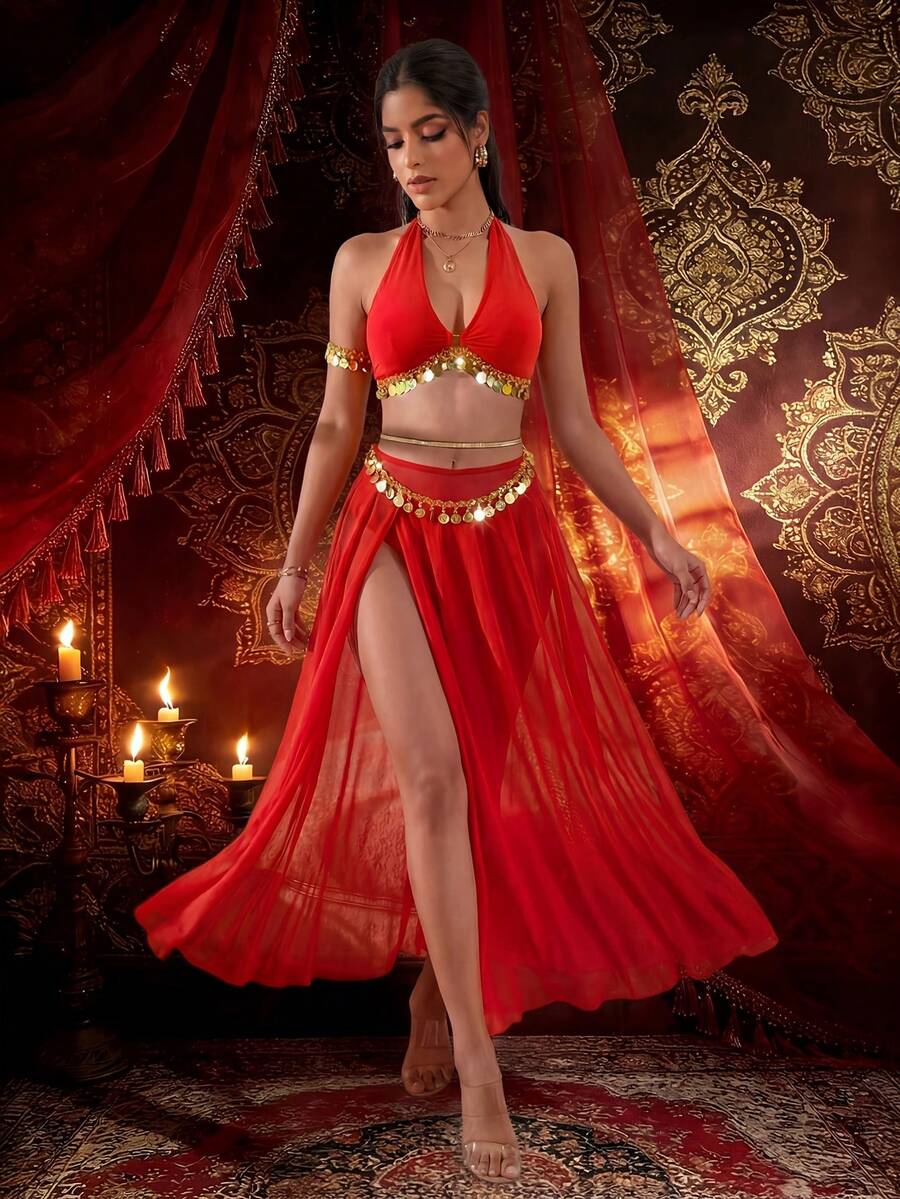 Front view of red halter belly dance costume with high-slit sheer maxi skirt