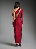Full back view of burgundy fitted maxi dress showing its open back and asymmetric shoulder strap