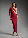Front three-quarter view of burgundy cut-out maxi dress with fitted pencil silhouette and long sleeve