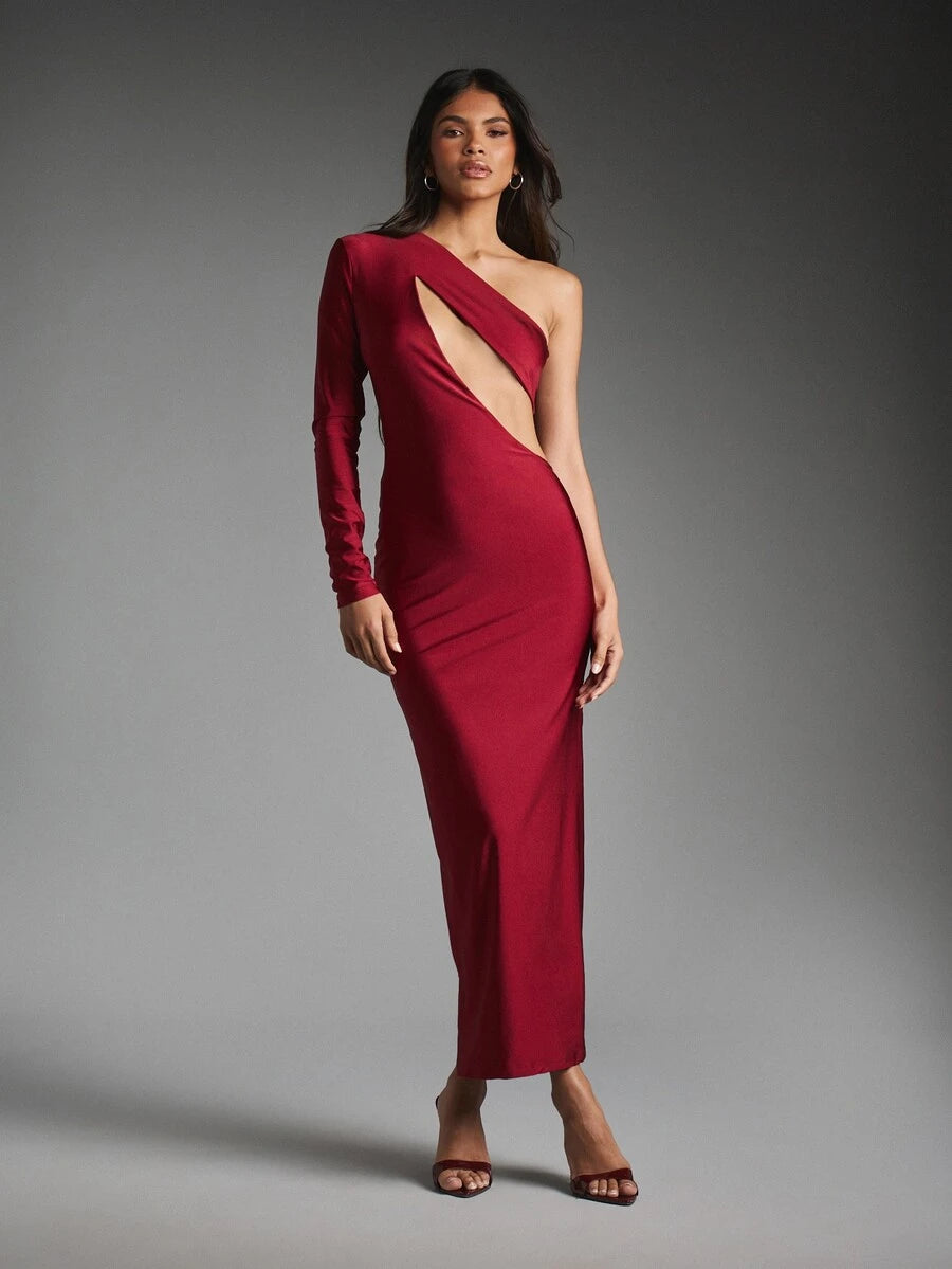 Front three-quarter view of burgundy cut-out maxi dress with fitted pencil silhouette and long sleeve