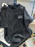 Back detail of washed charcoal Starry Night art print T-shirt with Van Gogh lettering