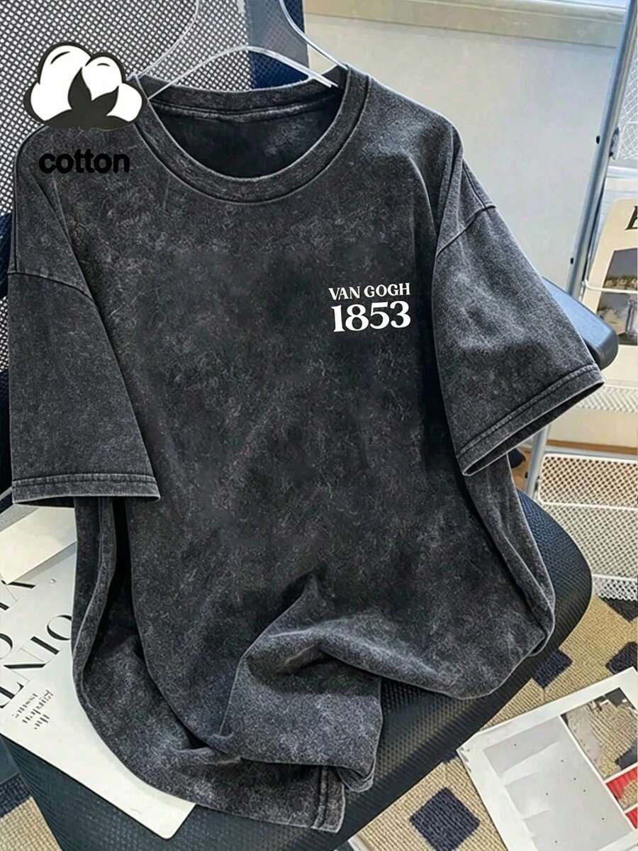Back detail of washed charcoal Starry Night art print T-shirt with Van Gogh lettering