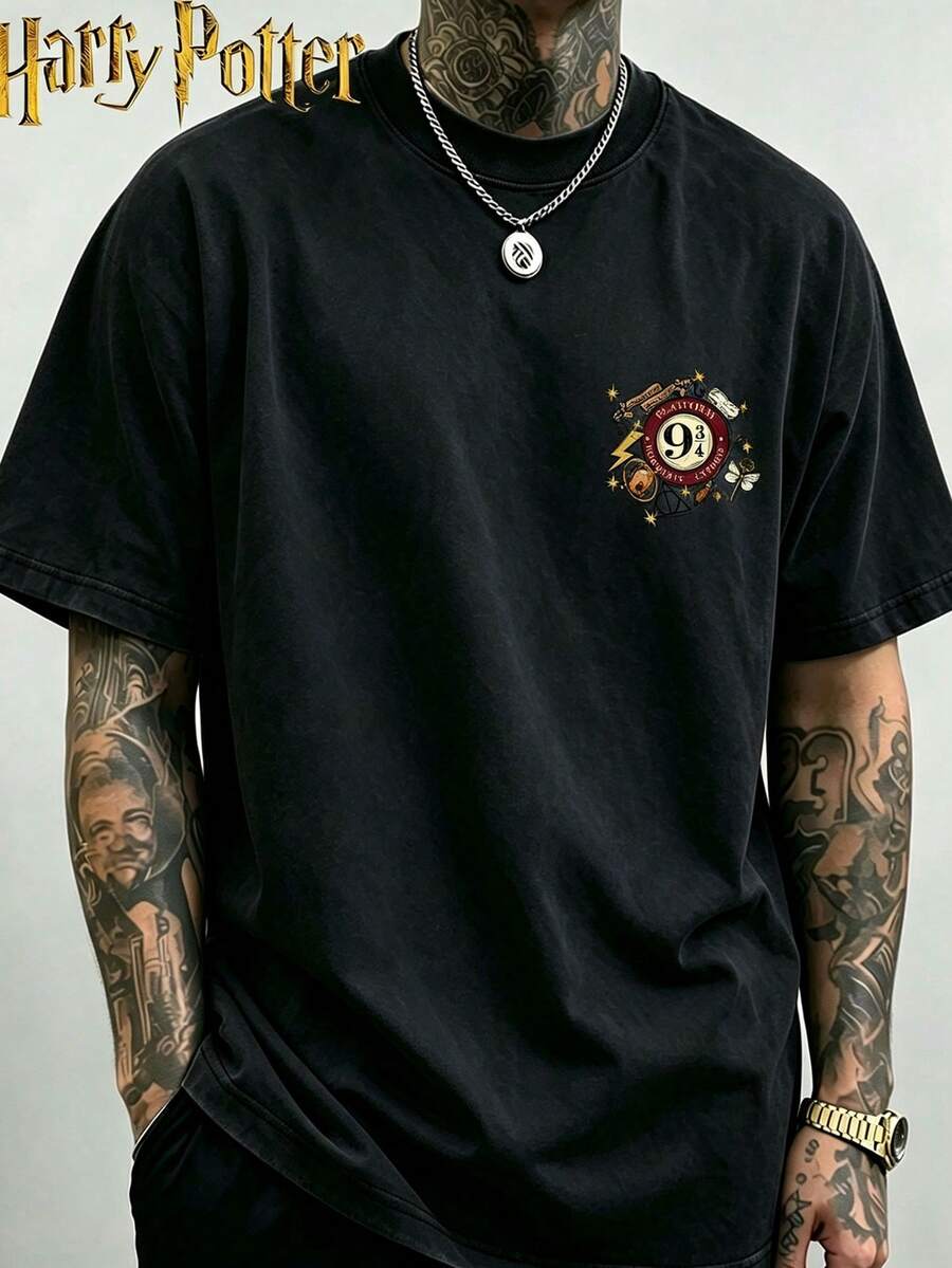 Back view of black oversized Platform 9¾ graphic T-shirt with Hogwarts Express print for fandom style