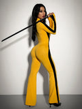 Front view of yellow zip-front colorblock jumpsuit with black side stripes for Halloween cosplay