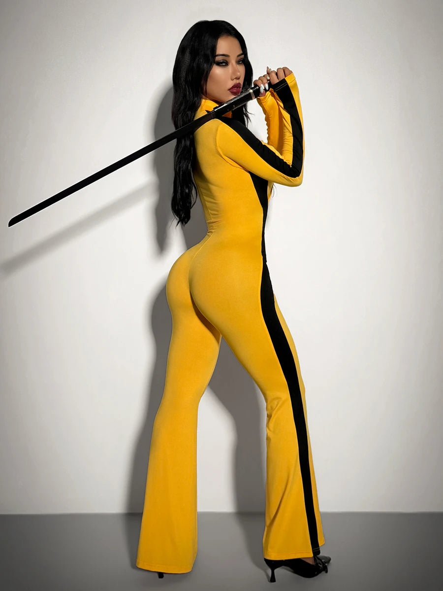Front view of yellow zip-front colorblock jumpsuit with black side stripes for Halloween cosplay