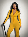 Yellow zip-front Halloween jumpsuit with black stripe detail for character-inspired costume styling
