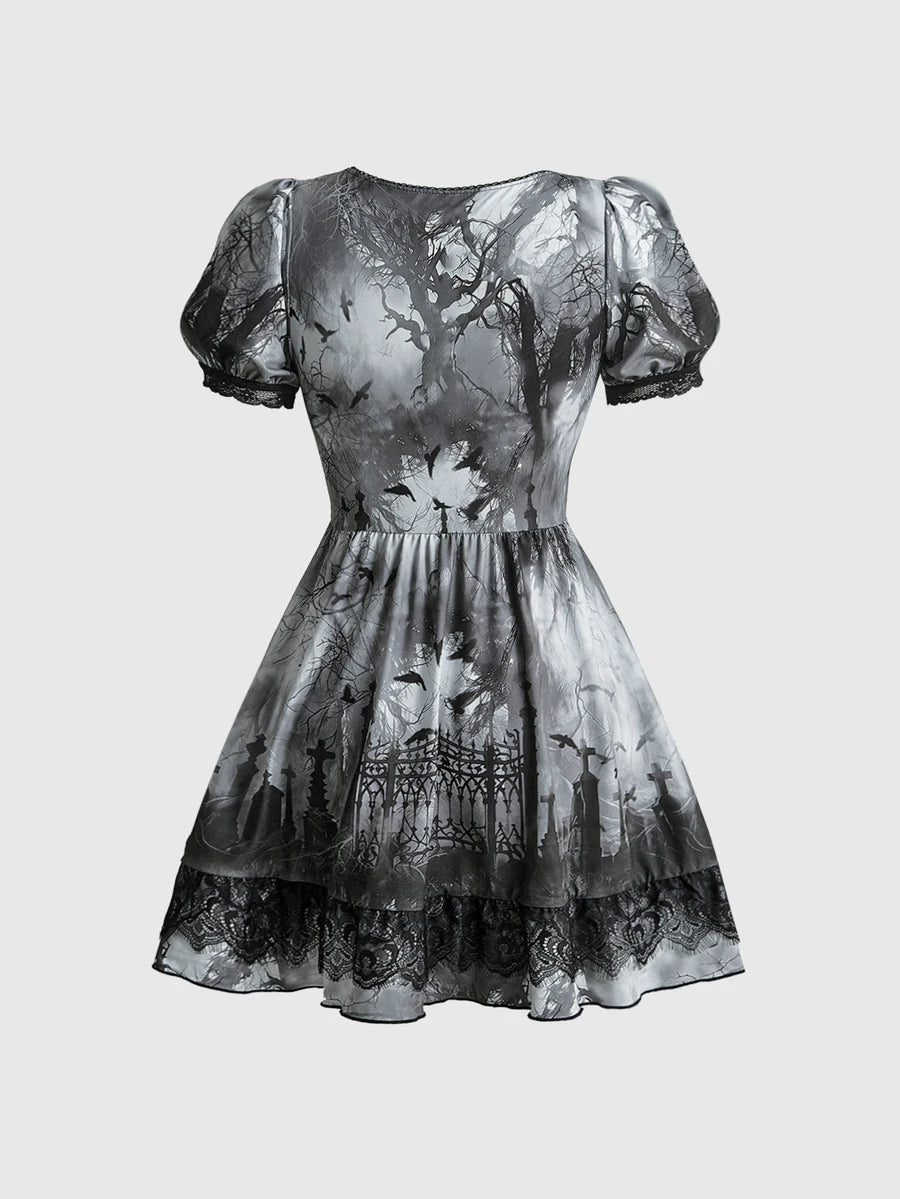 Gothic Cross Print Mini Dress with Petal Sleeves and Bow Detail for Women 