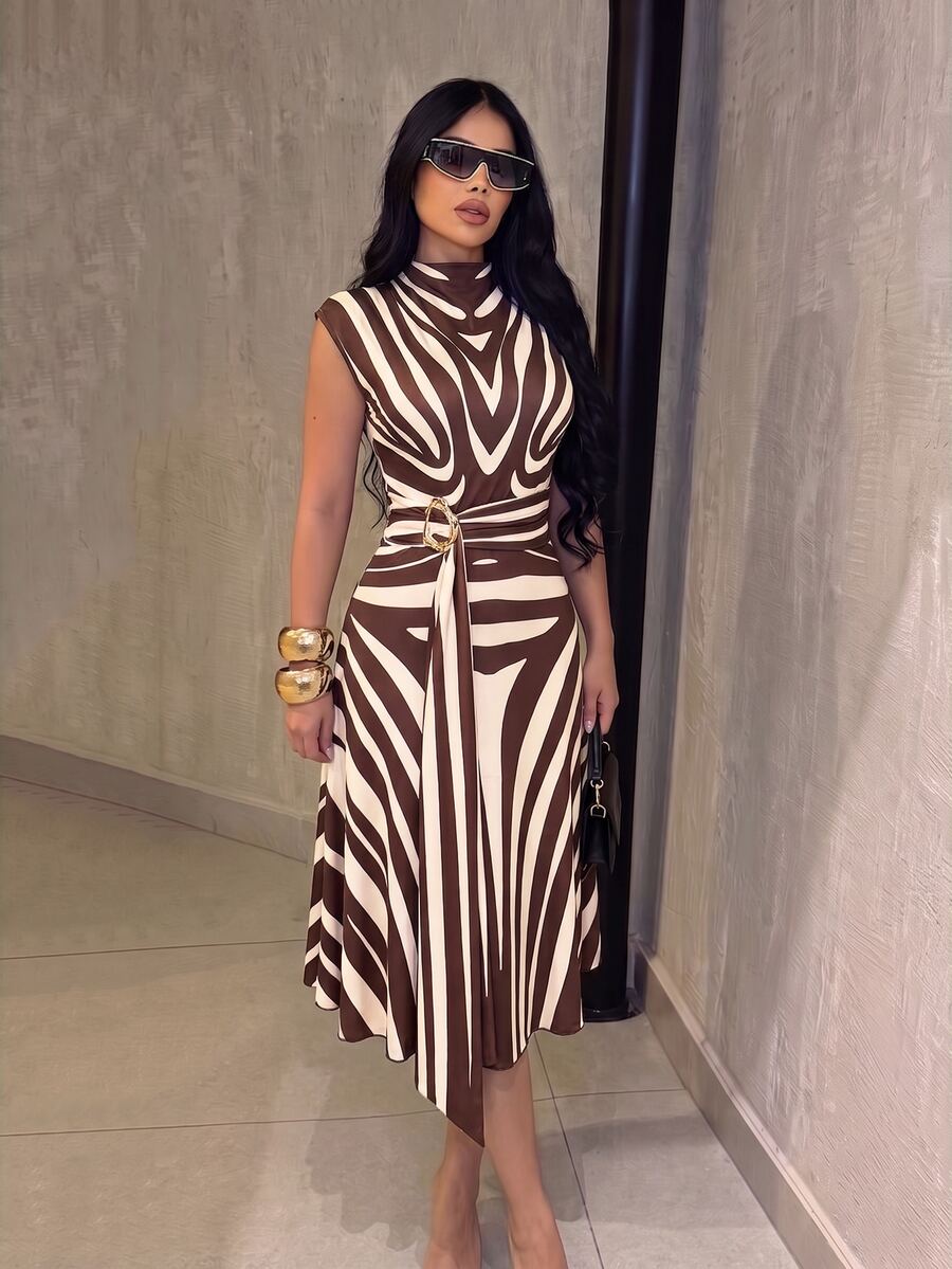 Front view of khaki and white zebra print belted midi dress with stand collar and gold-tone buckle belt