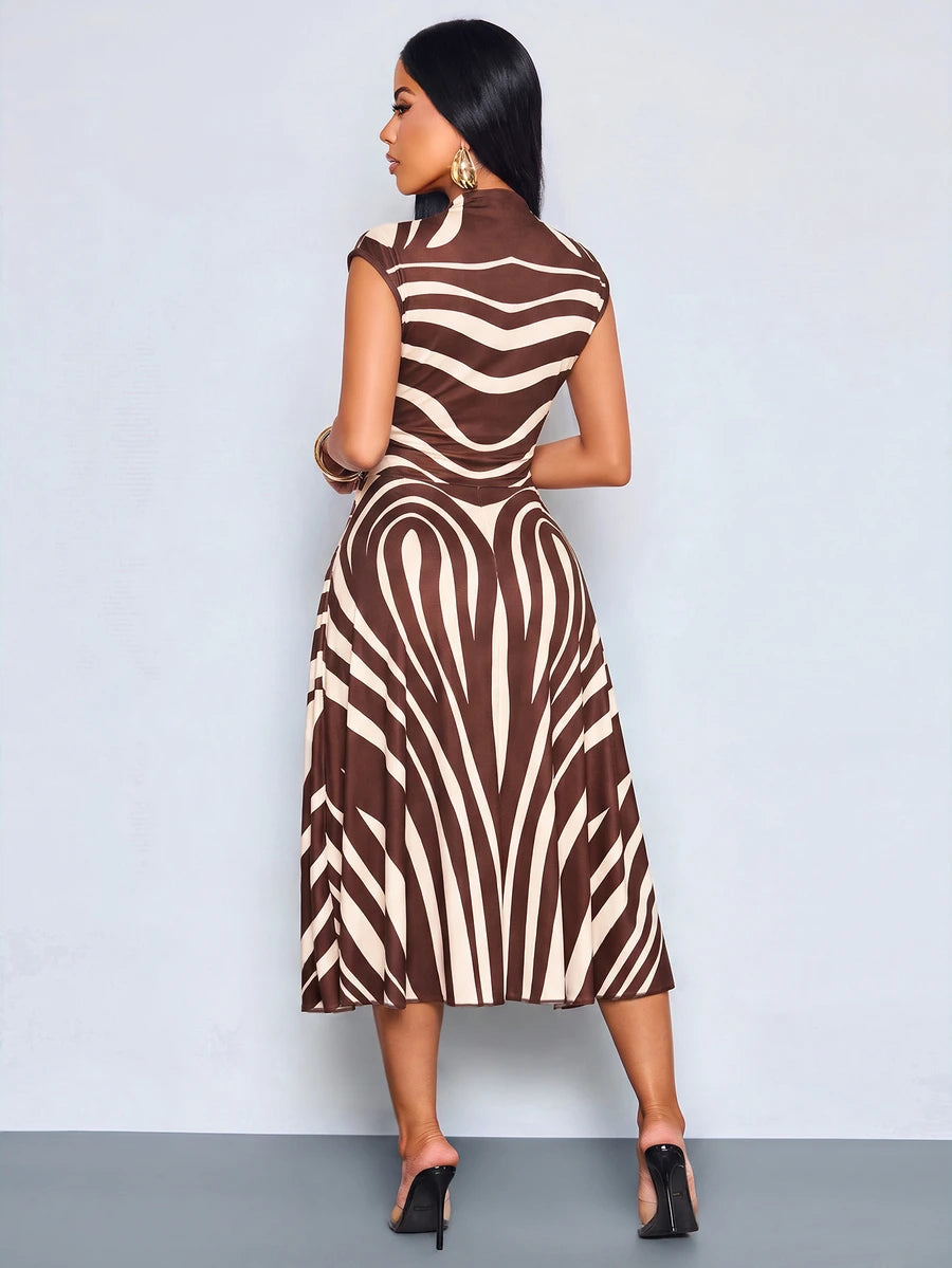 Back view of khaki and white zebra print belted midi dress with sleeveless A-line silhouette and back zipper