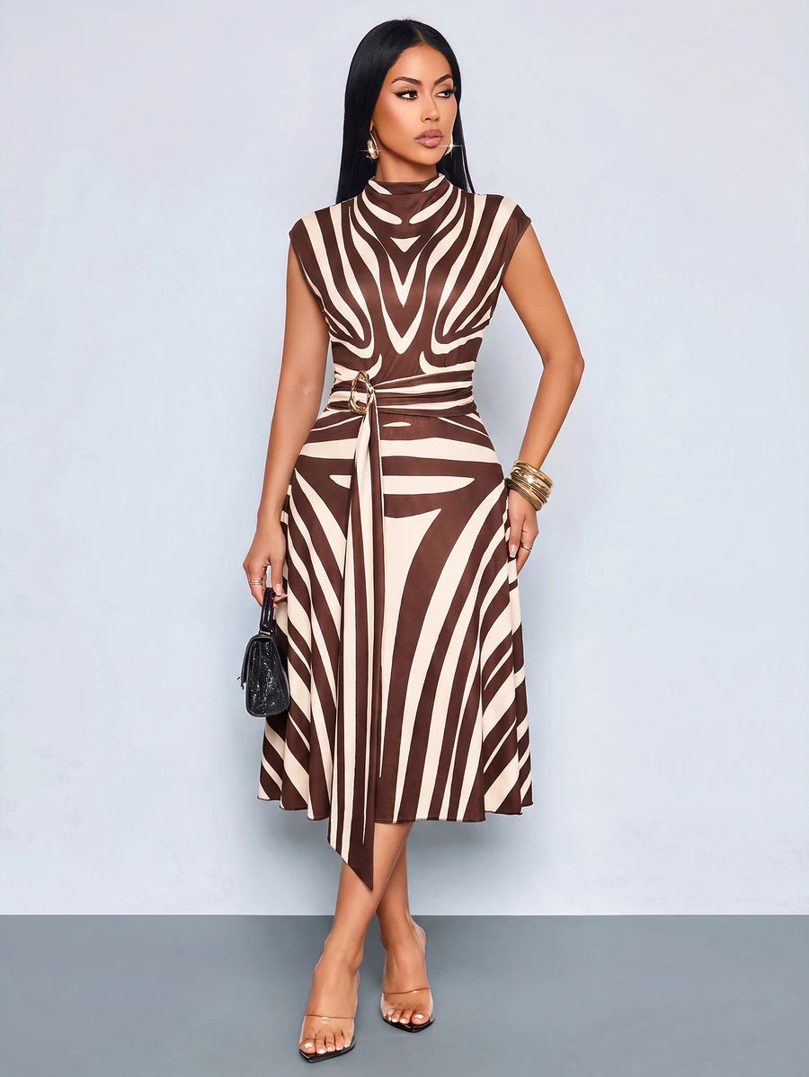 Close-up front view of khaki and white zebra print belted midi dress with zebra print, buckle belt and long waist tie