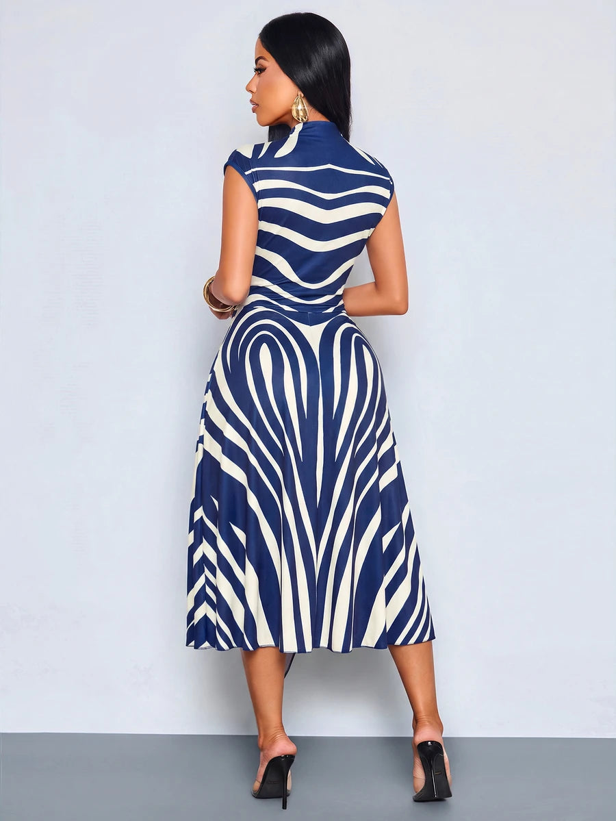 Back view of navy blue and white zebra print belted midi dress with sleeveless A-line silhouette and back zipper