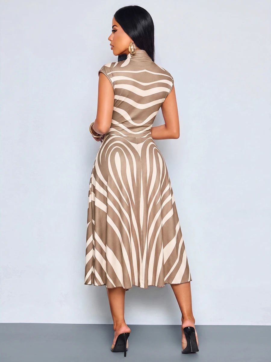 Back view of apricot and white zebra print belted midi dress with sleeveless A-line silhouette and back zipper