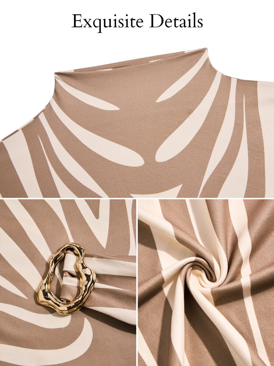 Close-up detail view of apricot and white zebra print belted midi dress with stand collar, gold-tone buckle and zebra fabric