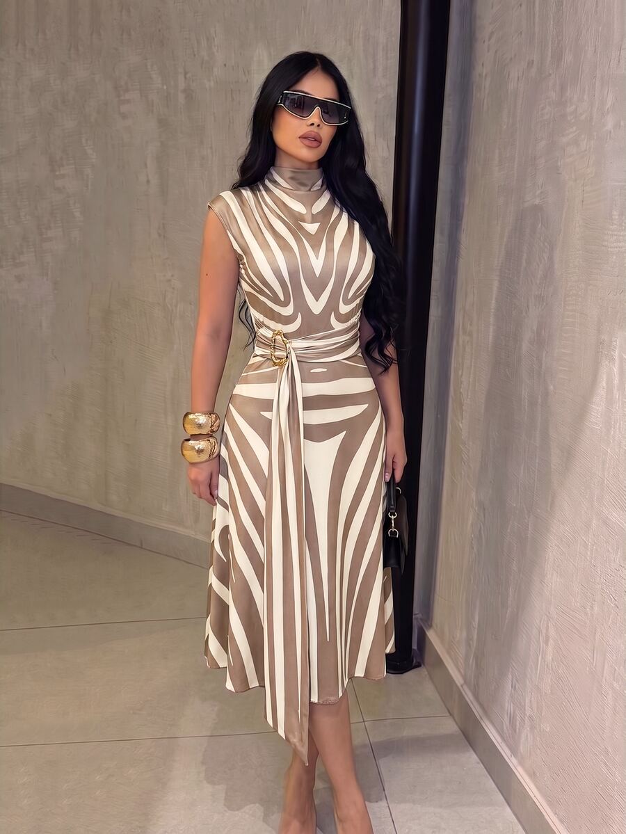 Front view of apricot and white zebra print belted midi dress with stand collar and gold-tone buckle belt